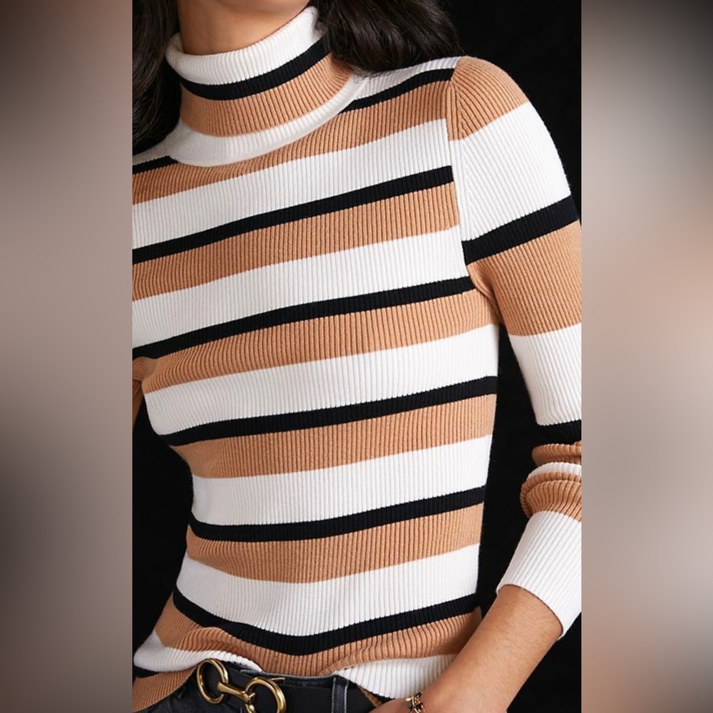 Anthropologie Maeve Tan Striped Turtleneck Size L NWT